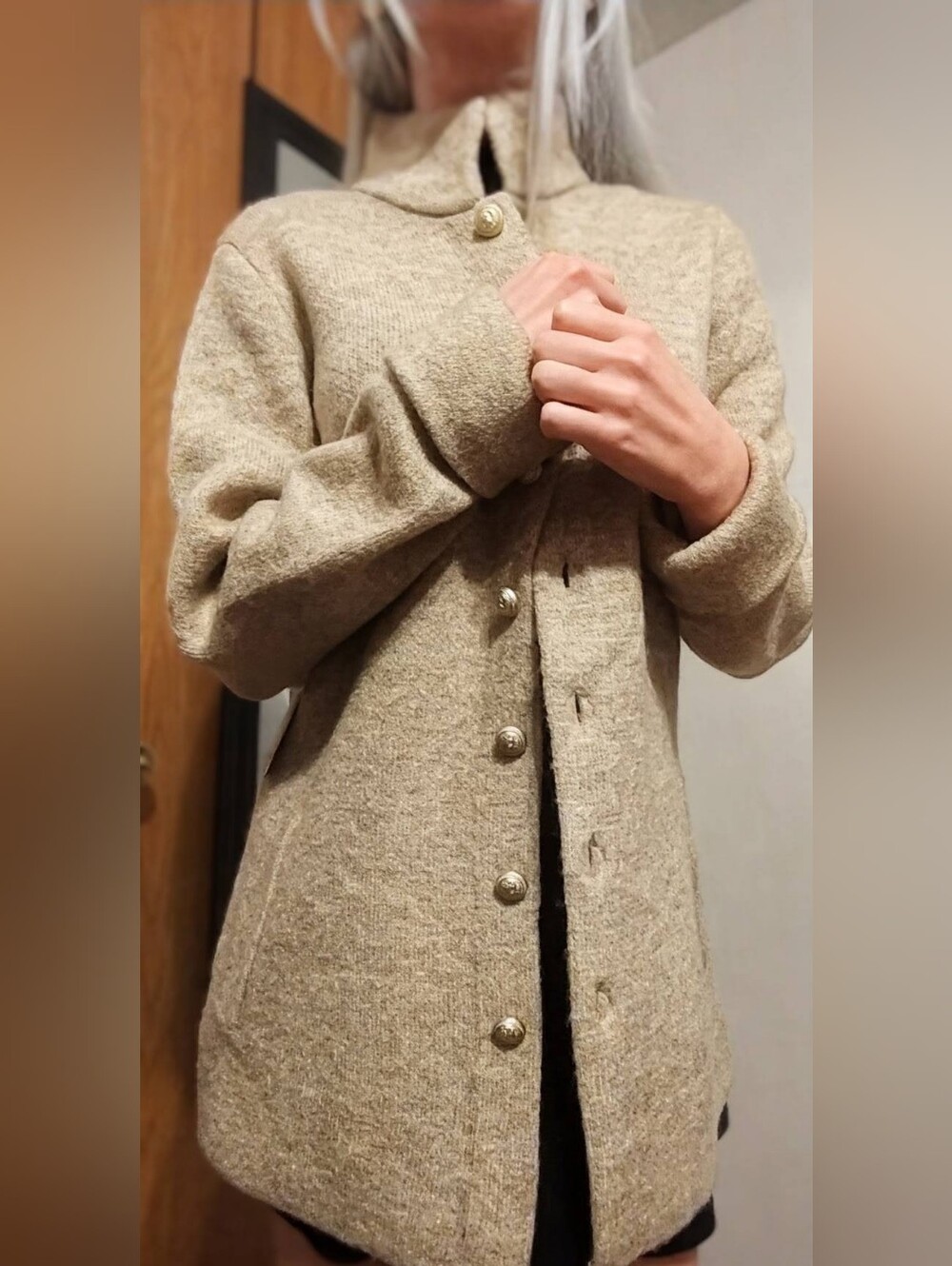 Adrienne Vittadini Neutral Beige Button-Up Pea Coat